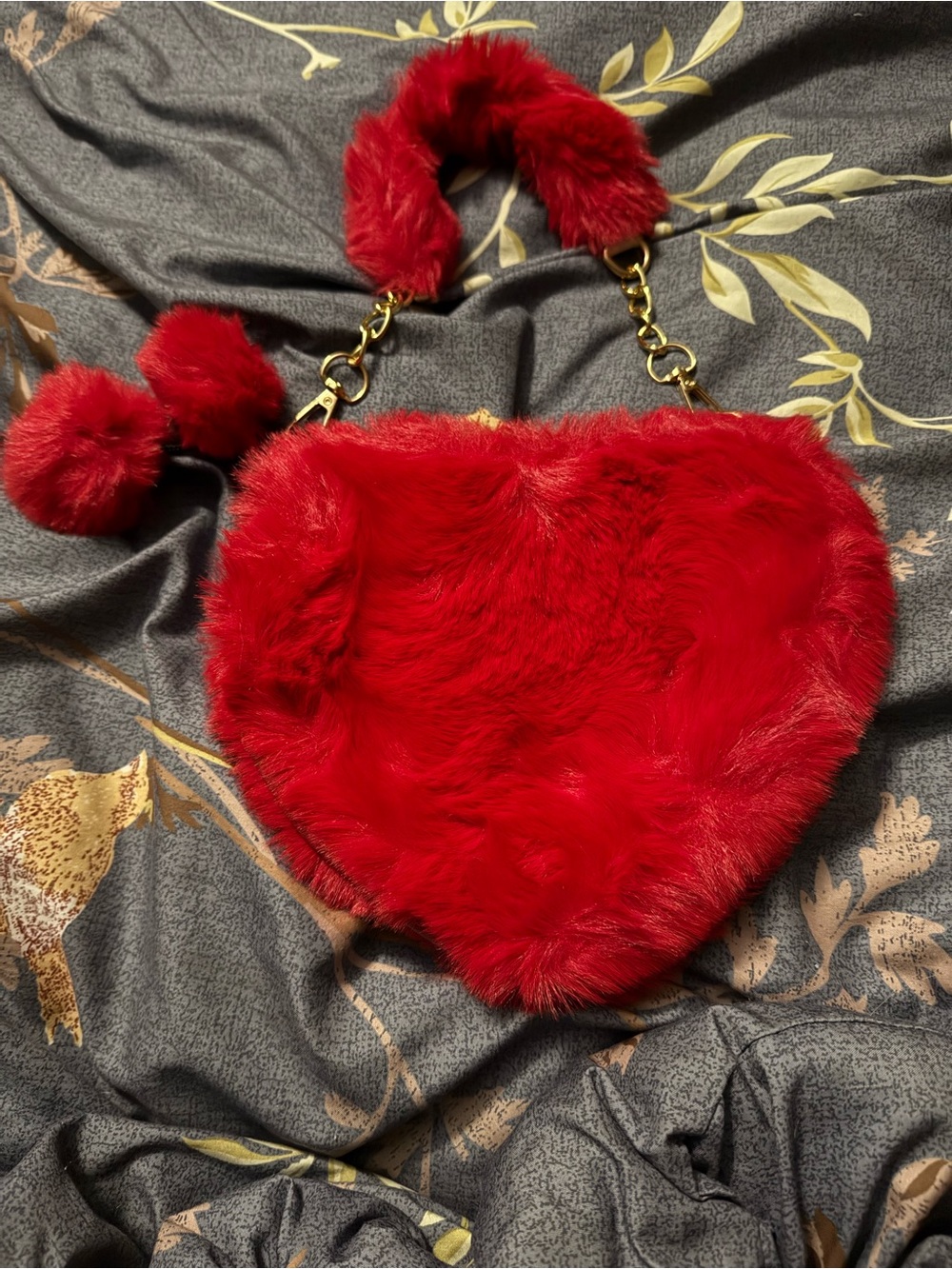 Plush Red Heart Crossbody Bag with Pom-Pom Accent
